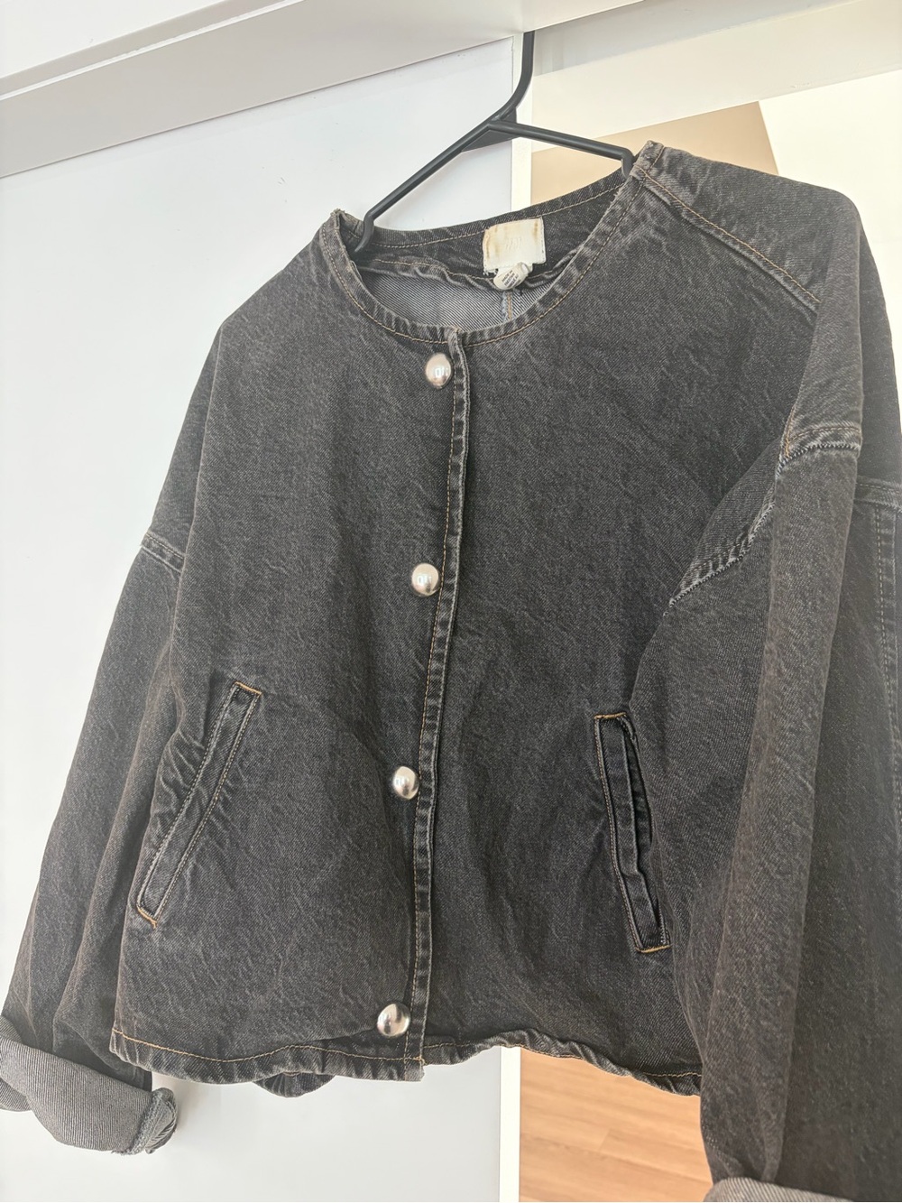 H&M Washed Black Pearl-Button Denim Jacket
